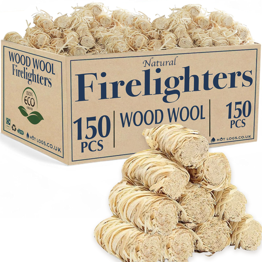 150 Natural Firelighters Large Box. Natural Wood Wool Wax Fire Lighters.