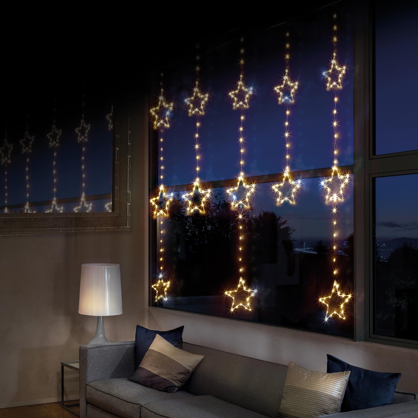 Christmas Star String Curtain Lights Window Decoration with 312 LEDs - Warm White Indoor Premier 1.3 x 1.2m Static or Flashing