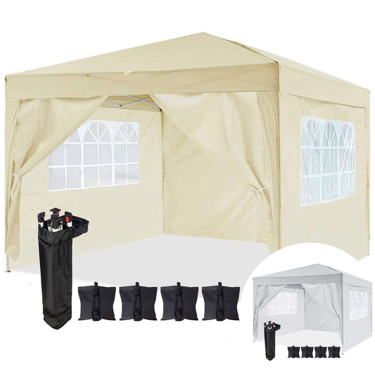 Waterproof Pop Up Gazebo with Sides 3m x 3m Pop Up Outdoor Garden PVC Coated - Travel Bag & 4 Leg Weight Bags Grey or Beige
