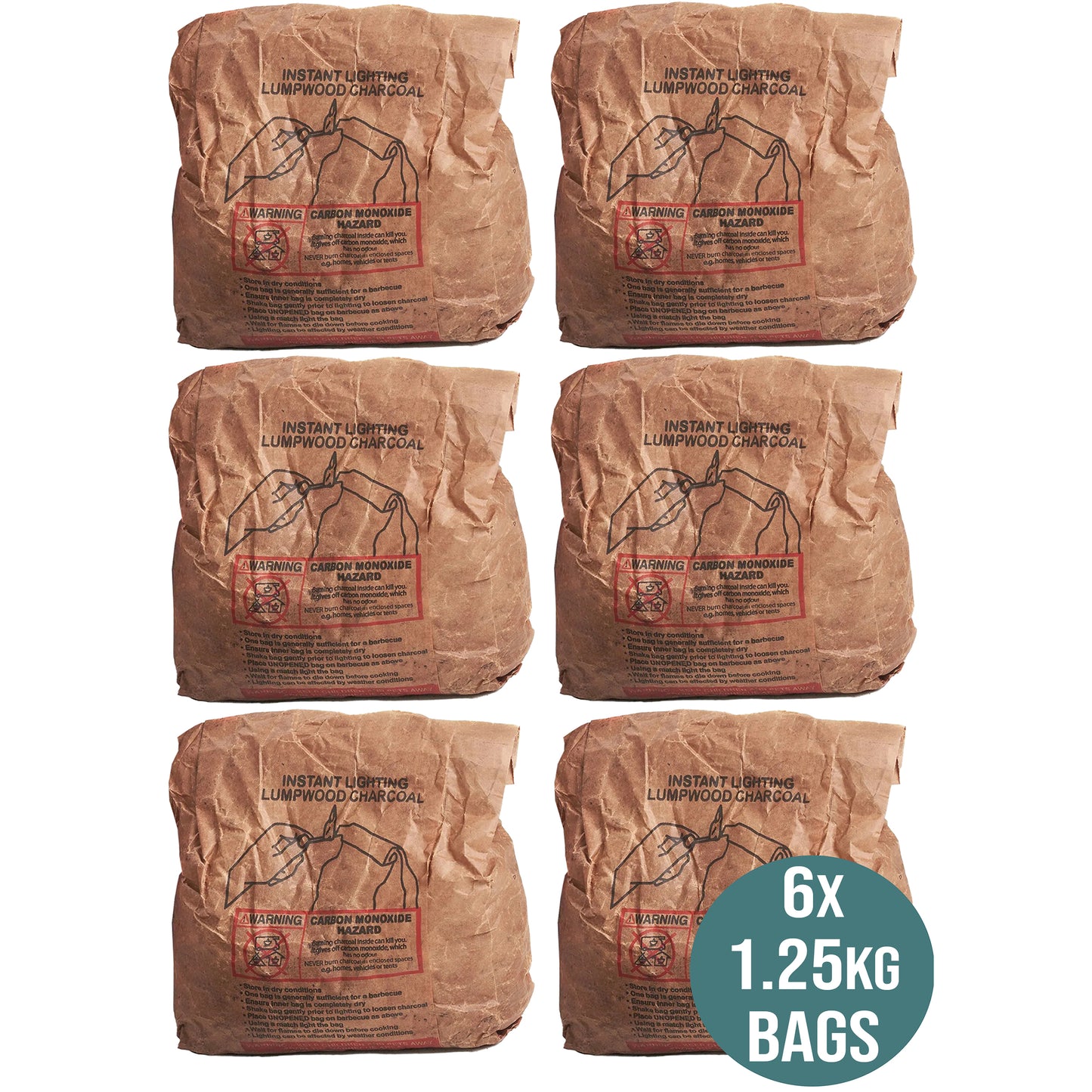 6 x 1.25kg Bags (10kg) Premium Instant Light BBQ Charcoal, Bags of Instant Barbecue Lumpwood Charcoal