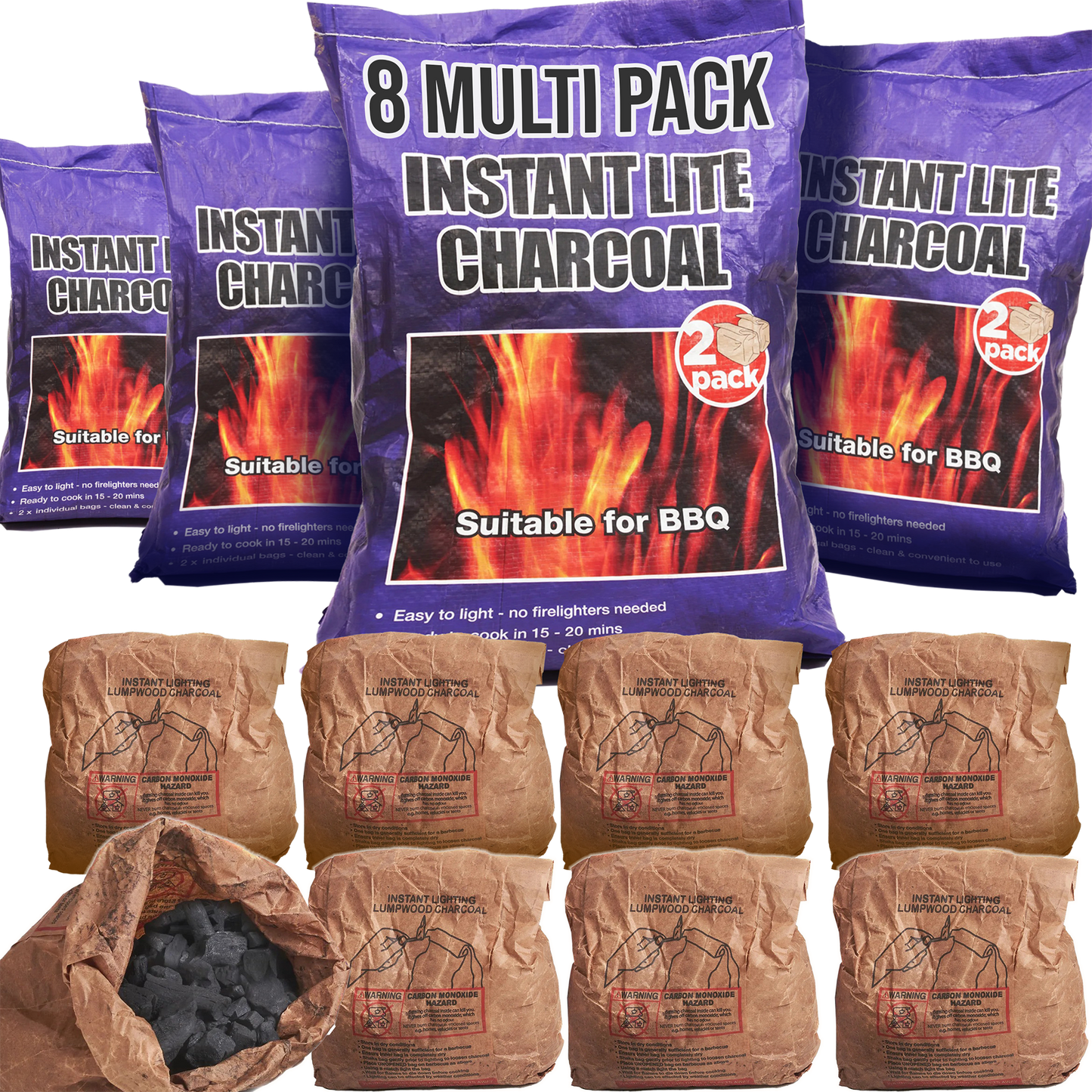8 x 1.25kg Bags (10kg) Premium Instant Light BBQ Charcoal, Bags of Instant Barbecue Lumpwood Charcoal