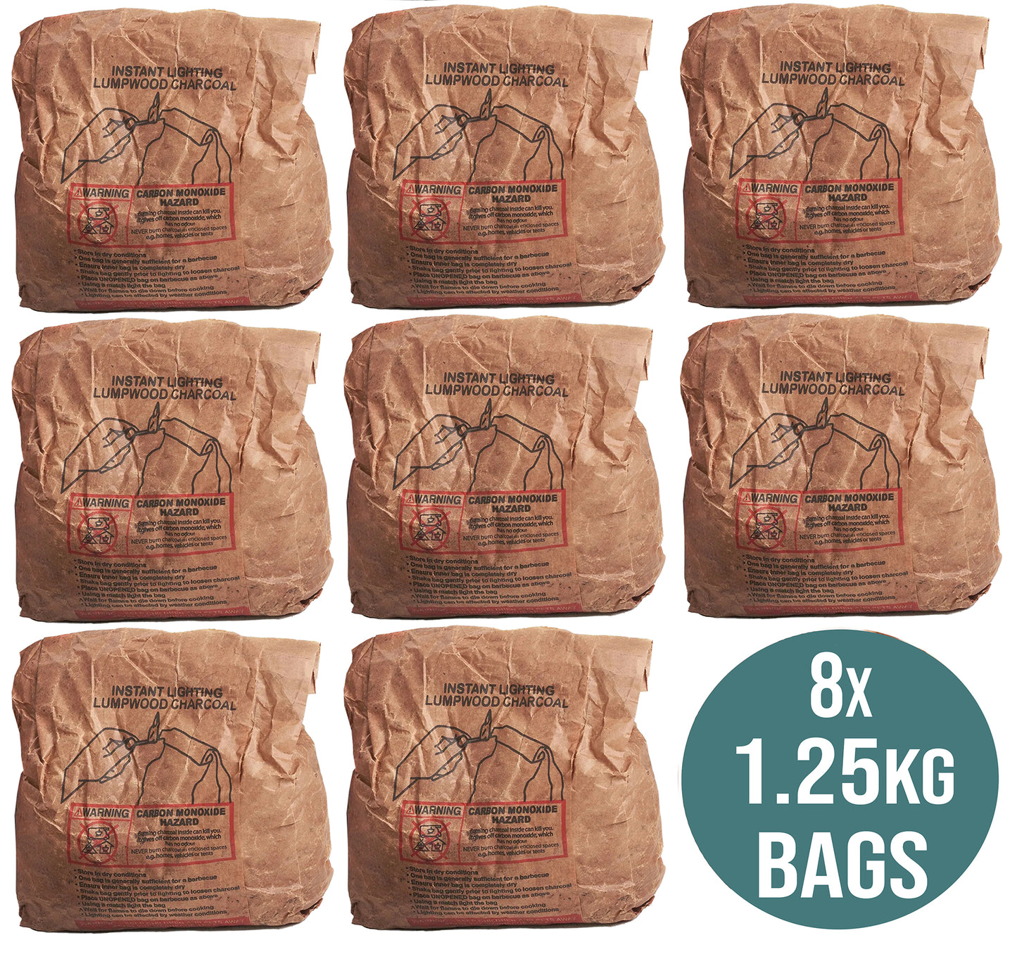 8 x 1.25kg Bags (10kg) Premium Instant Light BBQ Charcoal, Bags of Instant Barbecue Lumpwood Charcoal