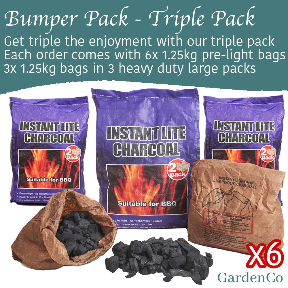 6 x 1.25kg Bags (10kg) Premium Instant Light BBQ Charcoal, Bags of Instant Barbecue Lumpwood Charcoal