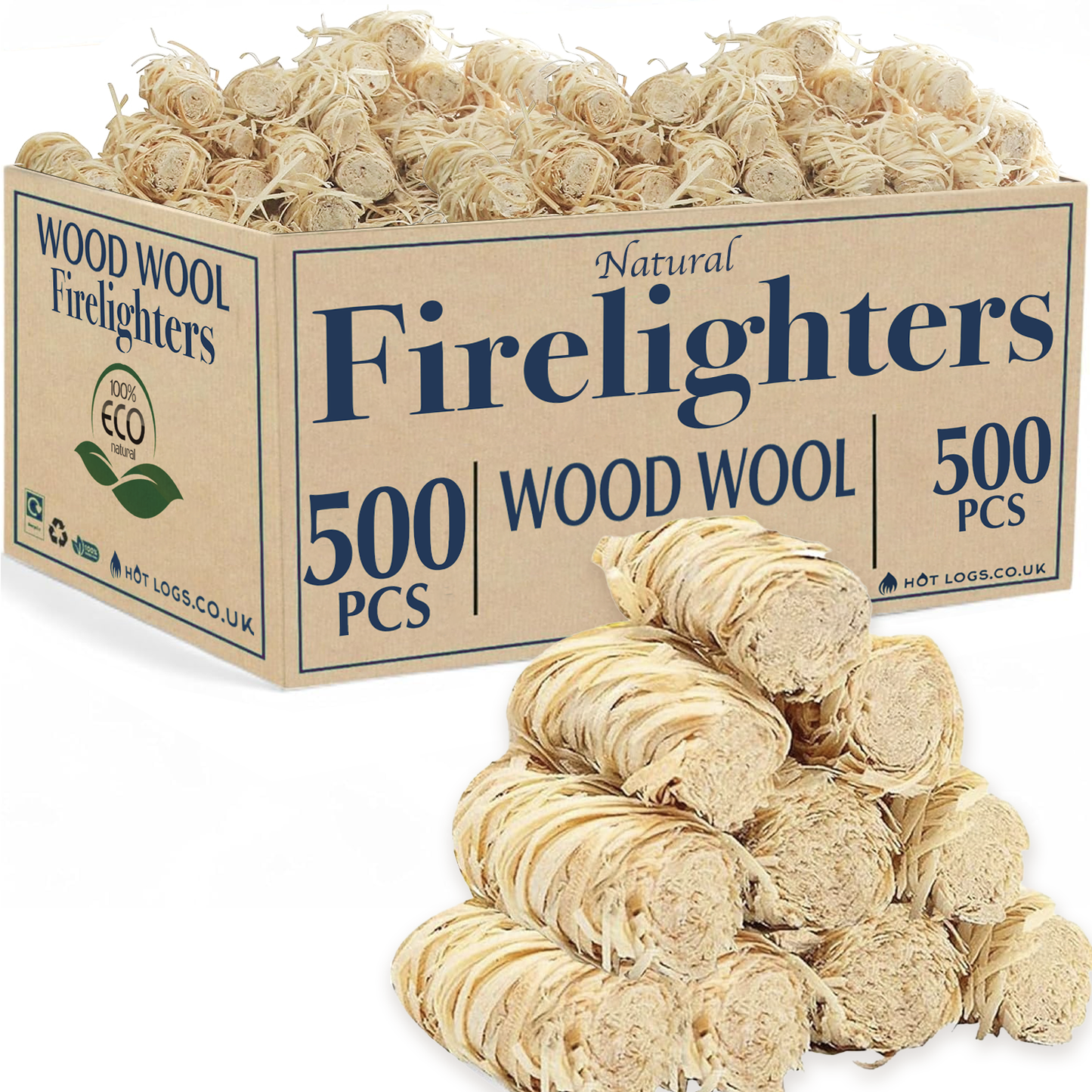500 Natural Firelighters Large Box. Natural Wood Wool Wax Fire Lighters.
