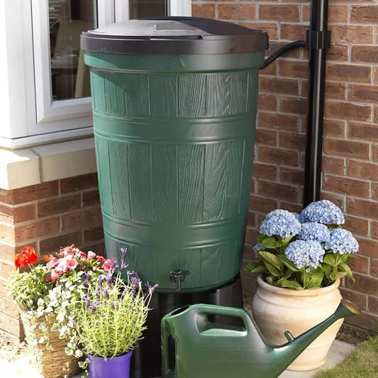 Garden Lake 200L Litre Wood Effect Green Barrel Water Butt with Child Safe Locking Lid, Stand & Rain Diverter Drainpipe Kit