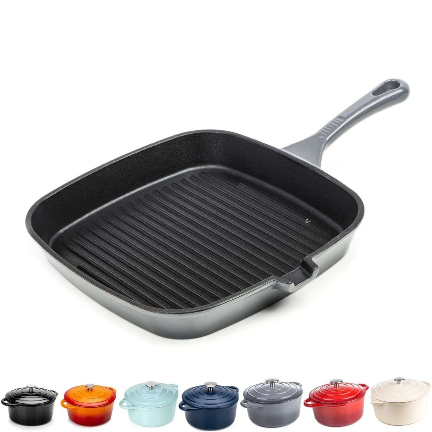 23.5cm Cream/Red/Grey Grill Griddle Pan Cast Iron Square Frying Pan Induction and Gas 10 Yr Guarantee