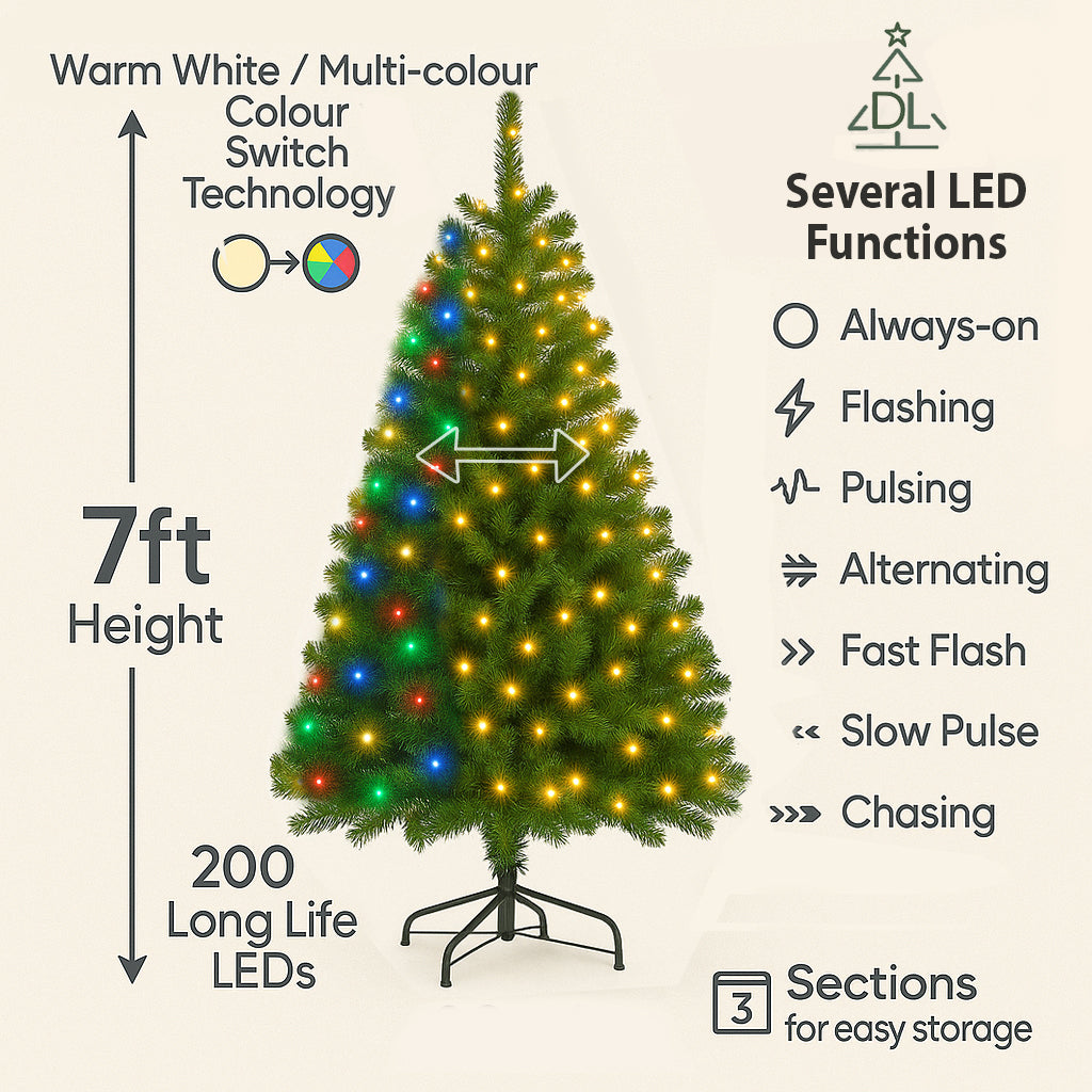 7FT. Colour Select Pre-Lit Christmas Tree with Colour Select LED Lights - 5056337105999