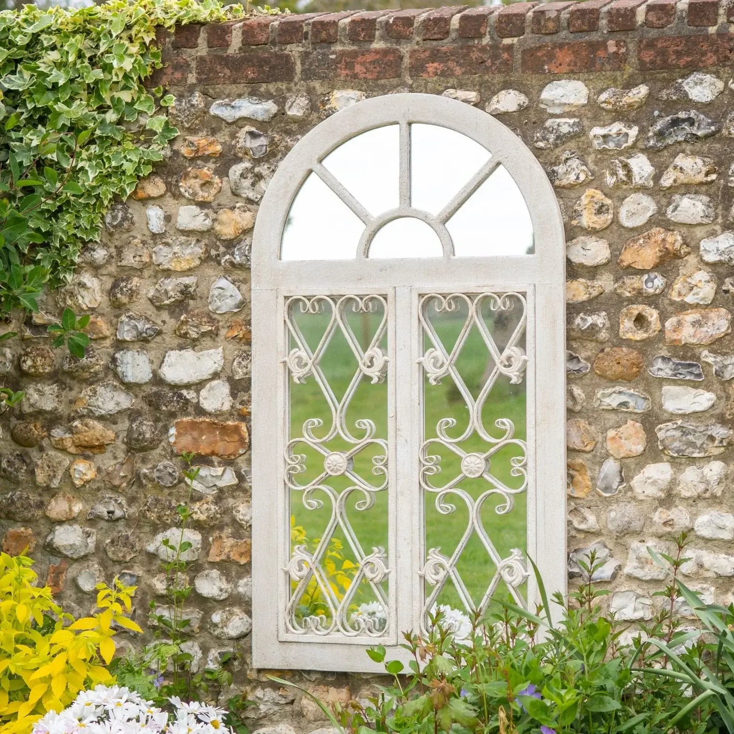 Large Decorative Antibes Garden Mirror - Classic Distressed Wood, Metal & Glass Decor