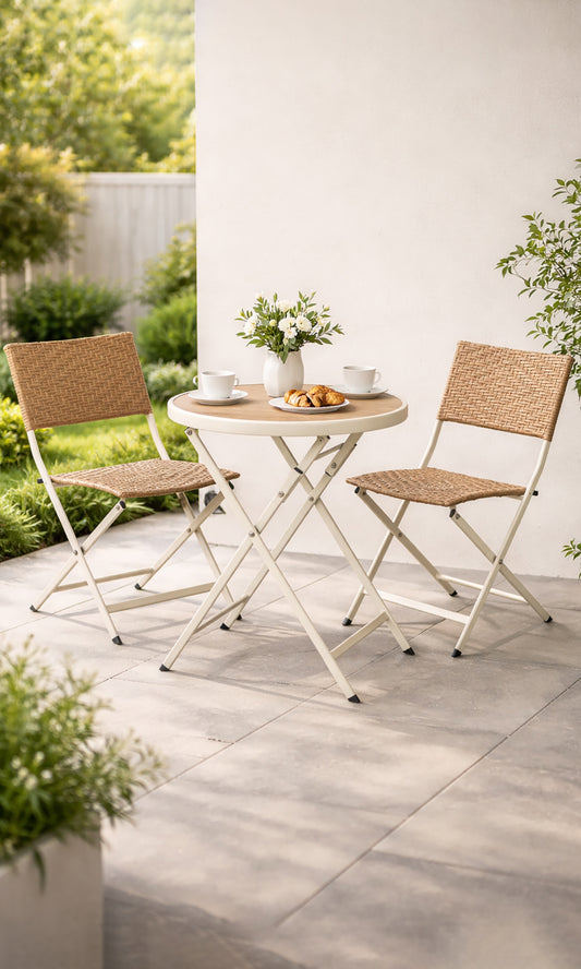 Dawsons Living Folding Wicker/Metal Bistro 2 Seat Set - Weather Resistant Outdoor Garden Furniture Set - Decking Patio Conservatory Balcony Set (Natural)