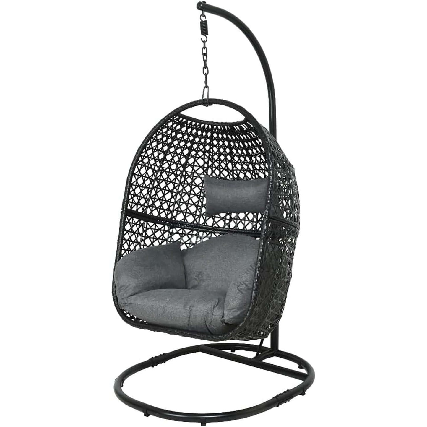 Dawsons Living Black Rattan Vienna Outdoor Hanging Garden Egg Chair - Wicker Weave Swing Hammock & Stand.