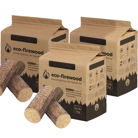 Eco Firewood Eucalyptus 7kg Hot Burning Briquettes for Open fires, charcoal & kiln dried log eco-alternative. (3 Pack)
