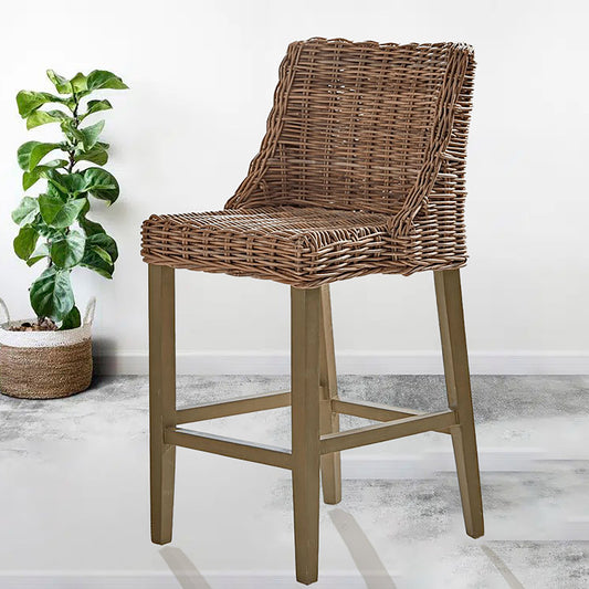 Natural Hand Weaved Rattan Wicker & Wood Dining Chair or High Weave Hand Made Kitchen Rattan Bar Stool with Wooden Legs