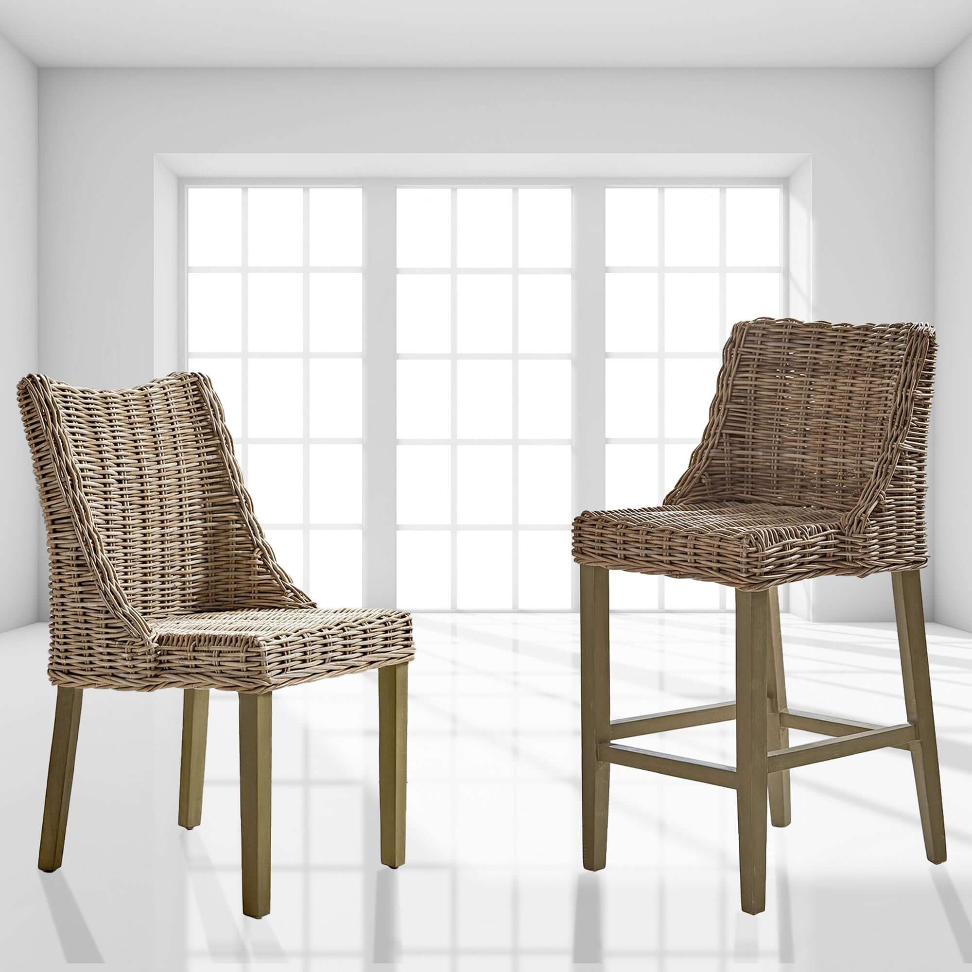 Natural Rattan & Wood Chair and Stool by Cox