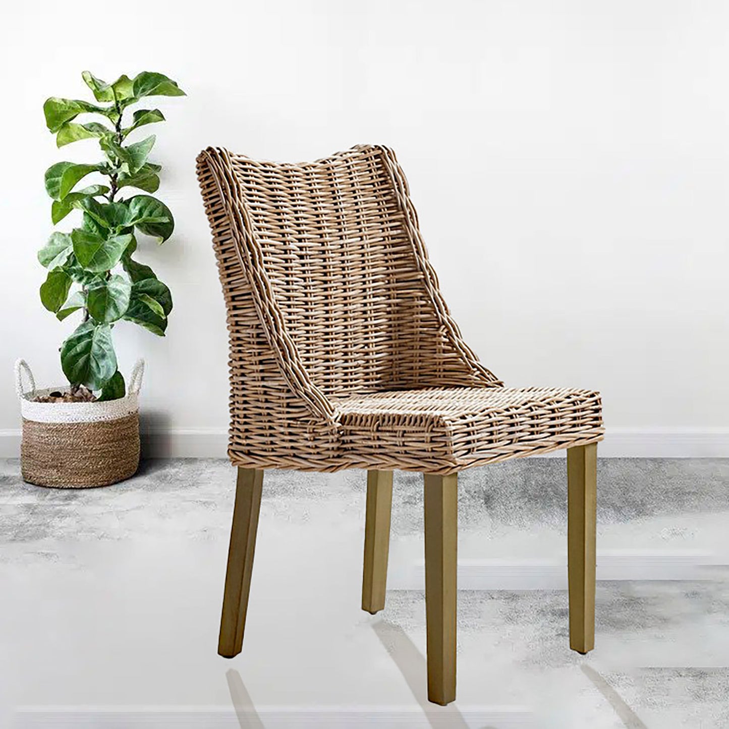 Natural Hand Weaved Rattan Wicker & Wood Dining Chair or High Weave Hand Made Kitchen Rattan Bar Stool with Wooden Legs