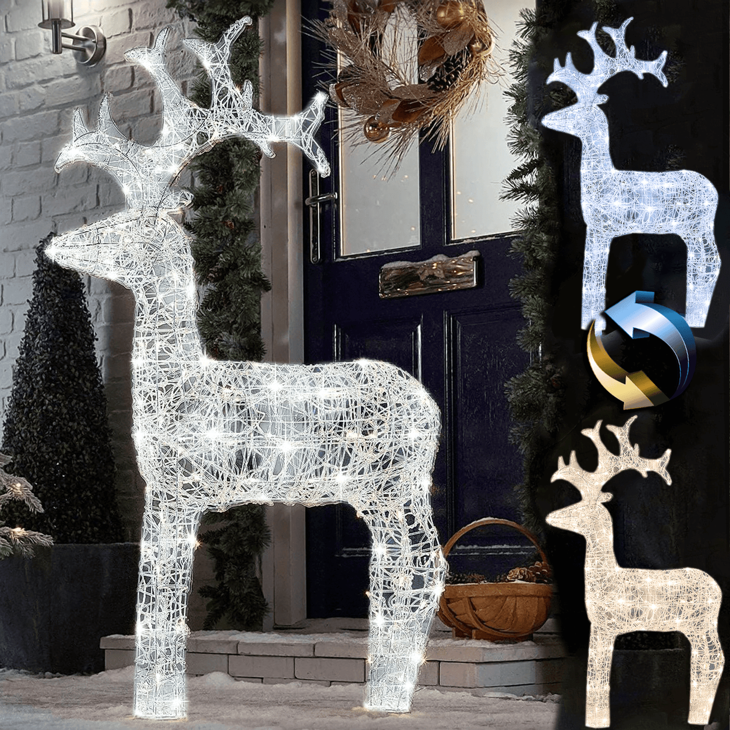 3D LED Pre-Lit Christmas Reindeer - 90cm with Colour Switch Technology Cool White or Warm White