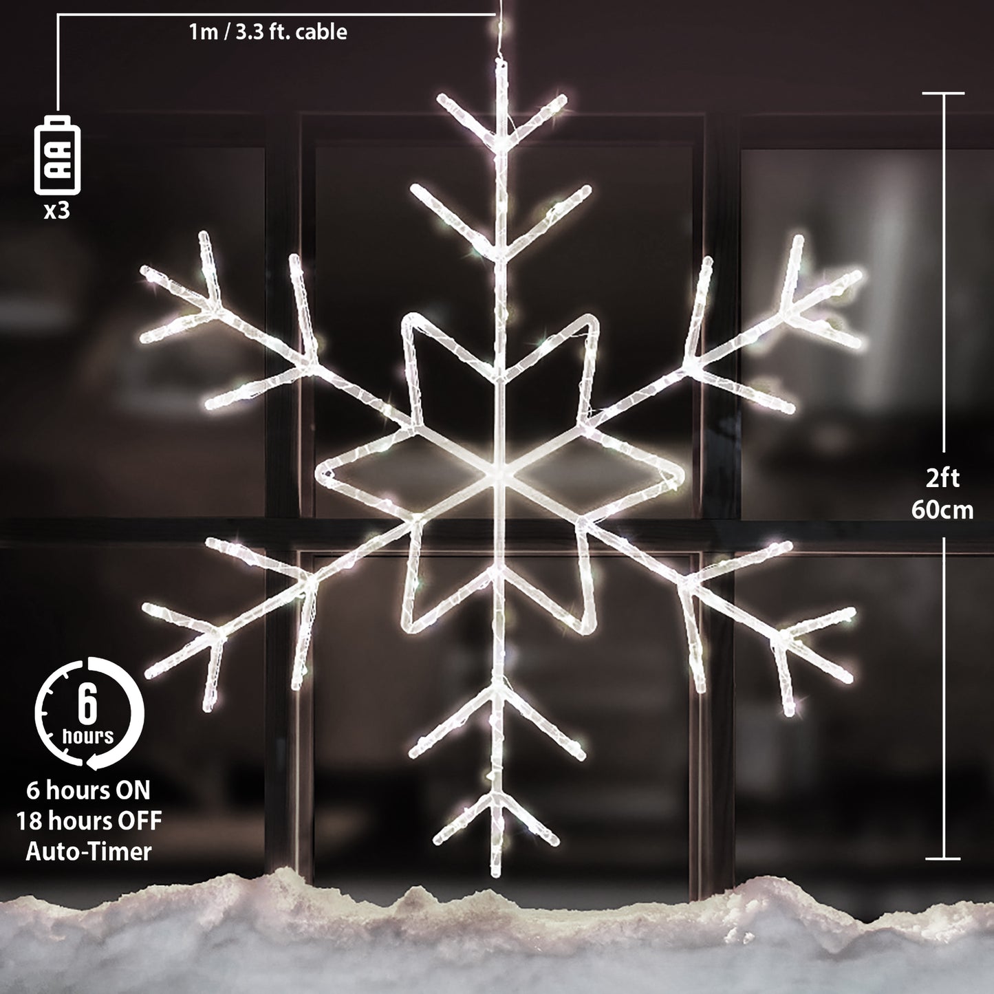 Dawsons Living Christmas Snowflake  Window/Wall Decoration with LED Lights - Cool White, Warm White and Multi-Coloured - Indoor and Outdoor