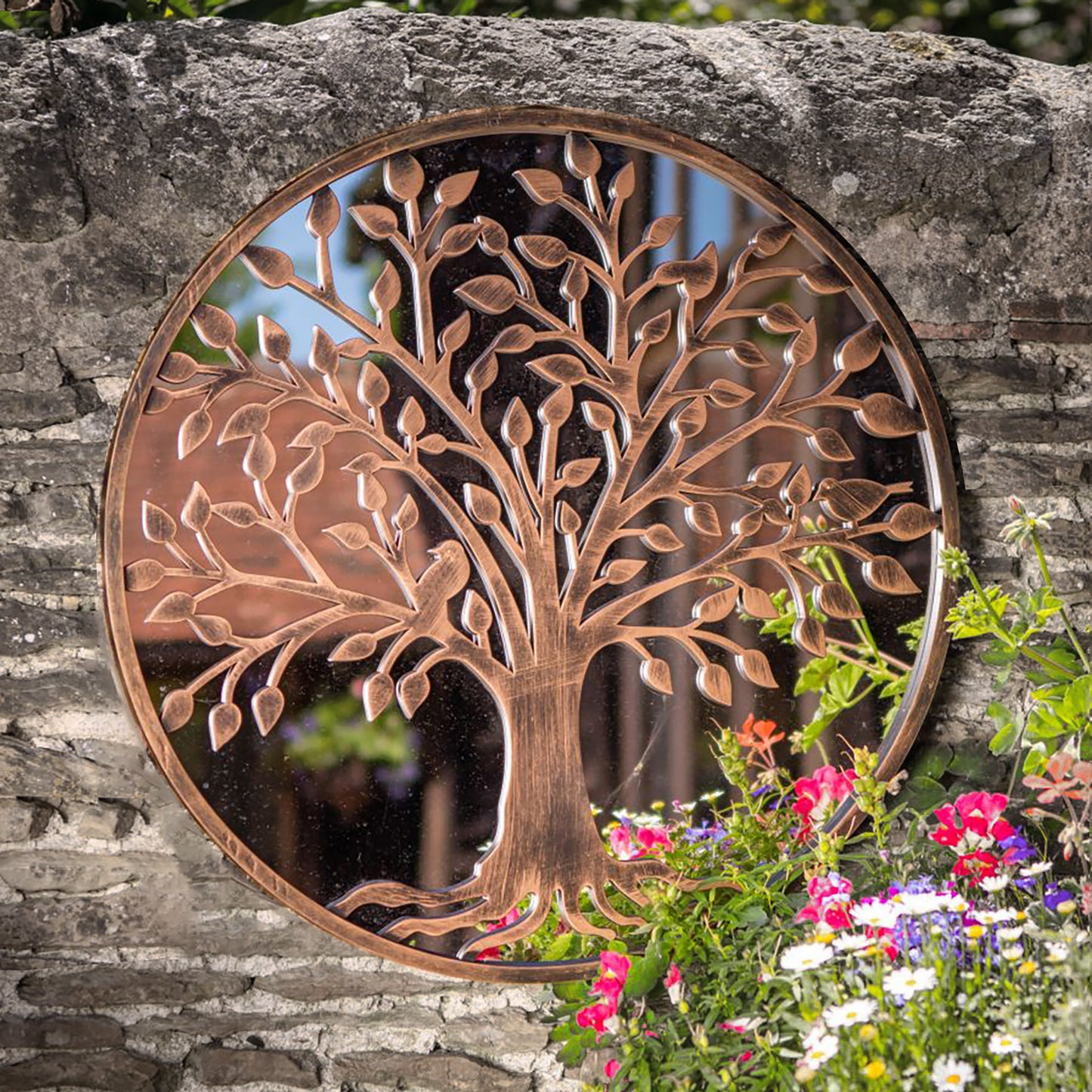 Tree of Life Outdoor Garden Wall Mirror - Grey or Copper Distressed Decor with Robin Birds, Love Bird, Bee or Butterfly Designs