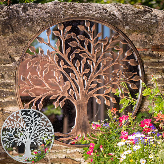 Tree of Life Outdoor Garden Wall Mirror - Grey or Copper Distressed Decor with Robin Birds, Love Bird, Bee or Butterfly Designs