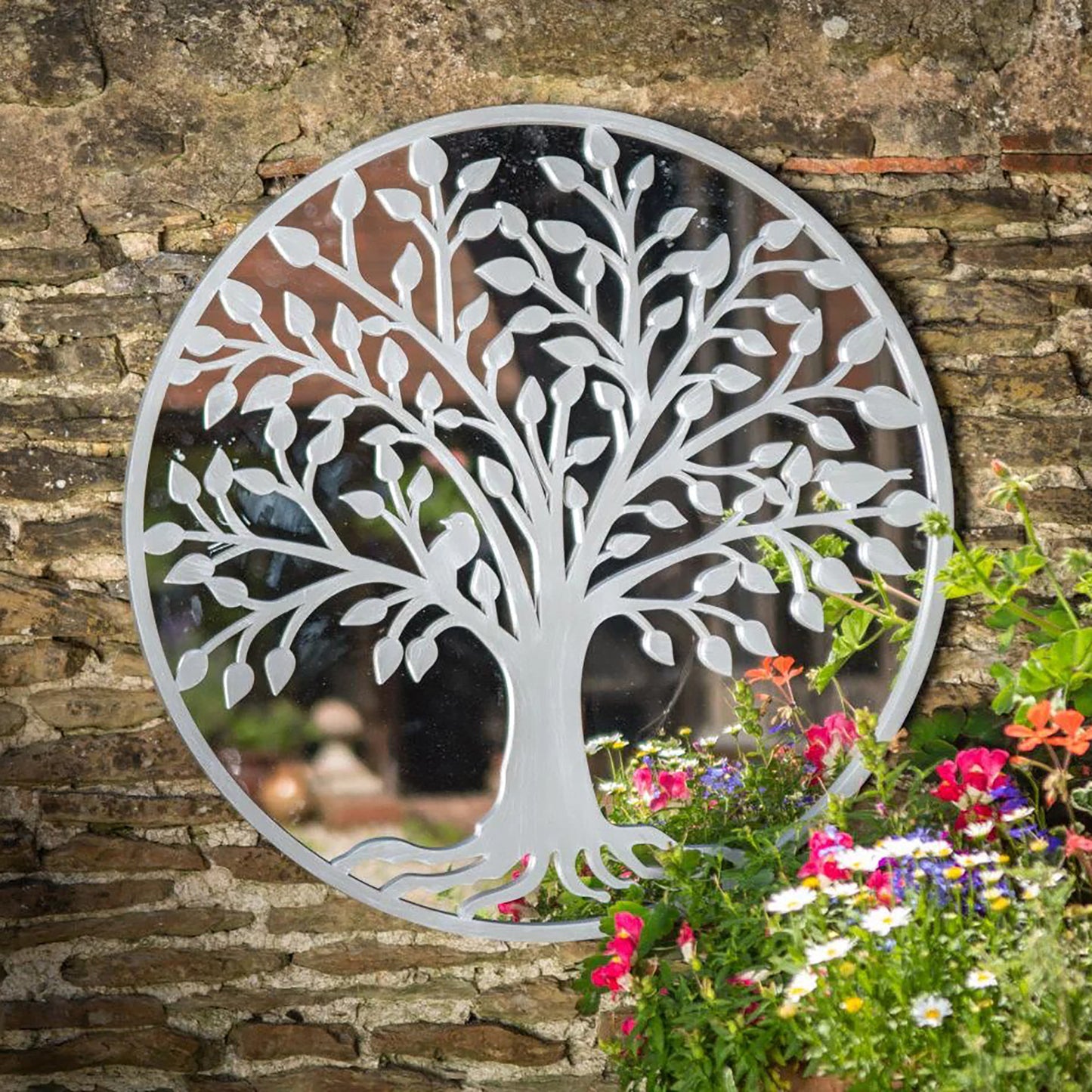 Tree of Life Outdoor Garden Wall Mirror - Grey or Copper Distressed Decor with Robin Birds, Love Bird, Bee or Butterfly Designs