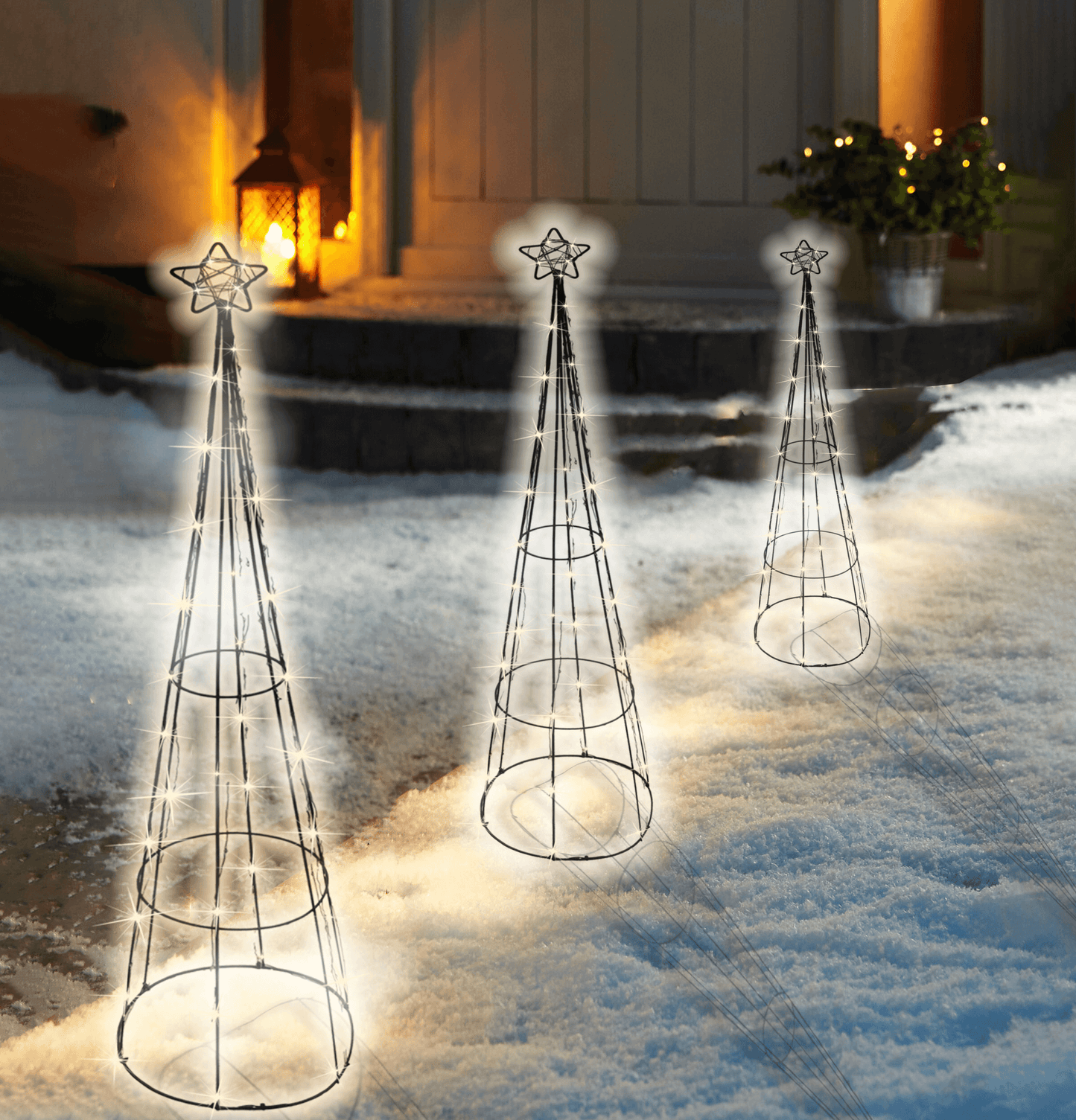 Christmas Tree Pathway Pyramid Cone Warm White LED Decorations - Set of 3 Lights Outdoor or Indoor Use