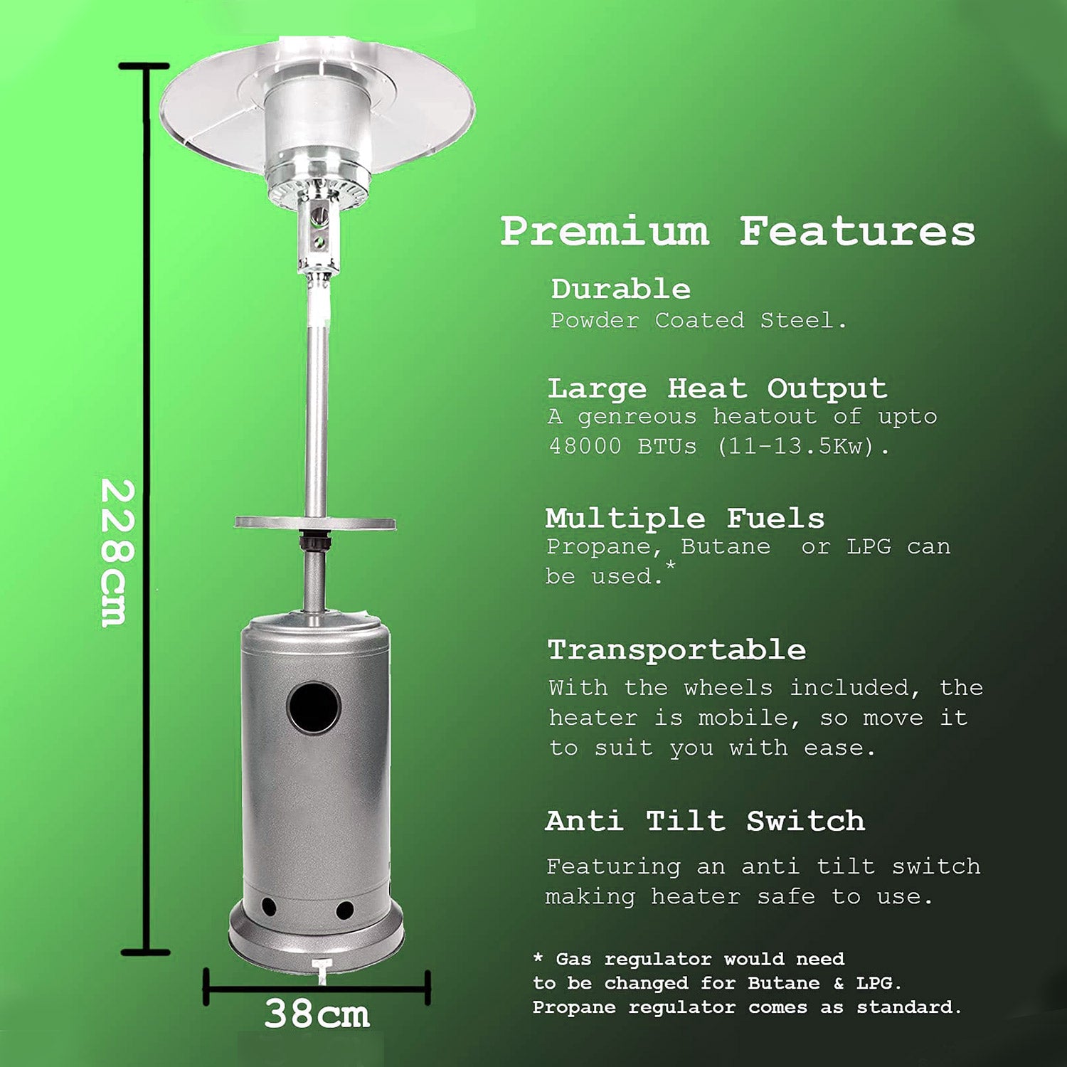 Stainless steel outlet patio heater