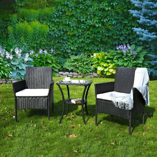 Grey Rattan Bistro Set, High Glass Top Table & Two Chairs