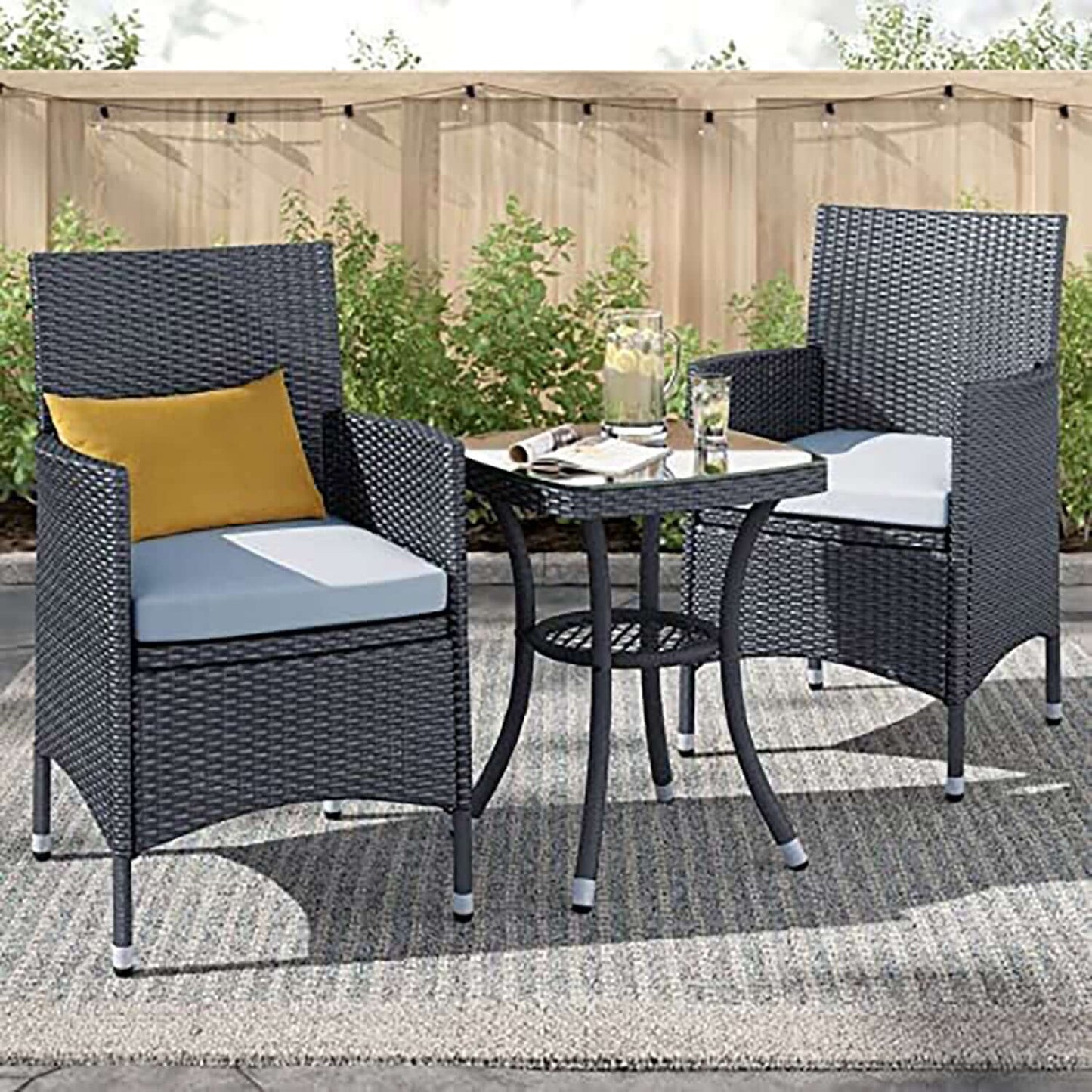 Grey Rattan Bistro Set, High Glass Top Table & Two Chairs