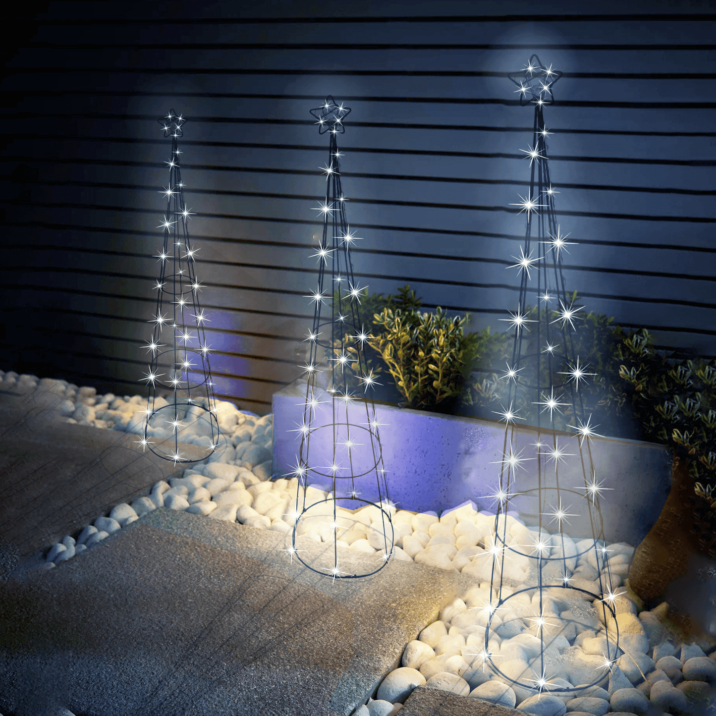Christmas Tree Pathway Pyramid Cone Warm White LED Decorations - Set of 3 Lights Outdoor or Indoor Use