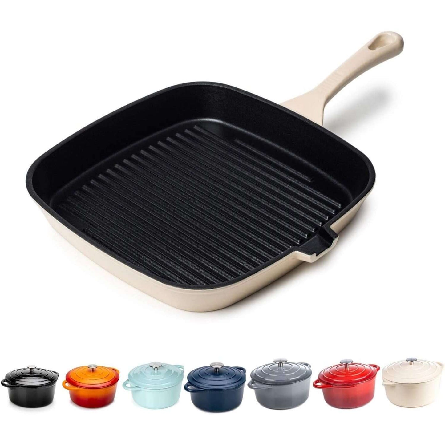 23.5cm Cream/Red/Grey Grill Griddle Pan Cast Iron Square Frying Pan Induction and Gas 10 Yr Guarantee