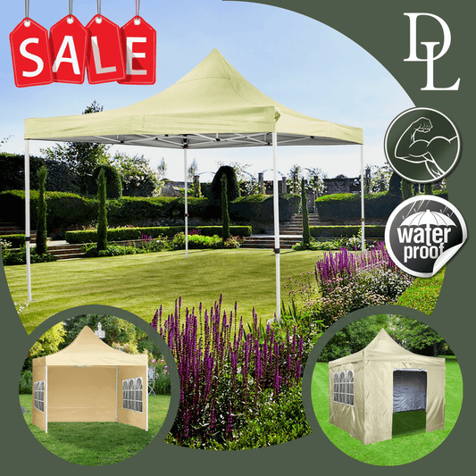 Beige Deluxe Commercial Gazebo with Zipped Removeable Sides - 3m x 3m - Waterproof PVC Coated