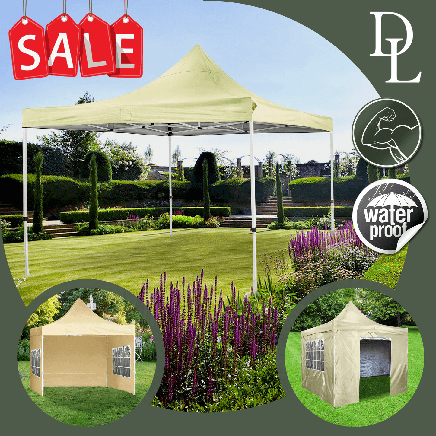 Beige Deluxe Commercial Gazebo with Zipped Removeable Sides - 3m x 3m - Waterproof PVC Coated