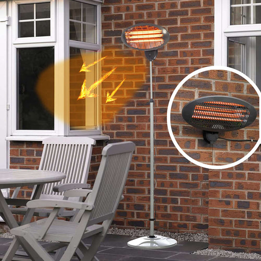 2000W Electric Outdoor Patio Heater Freestanding or Wall Fitted. Grey 2KW