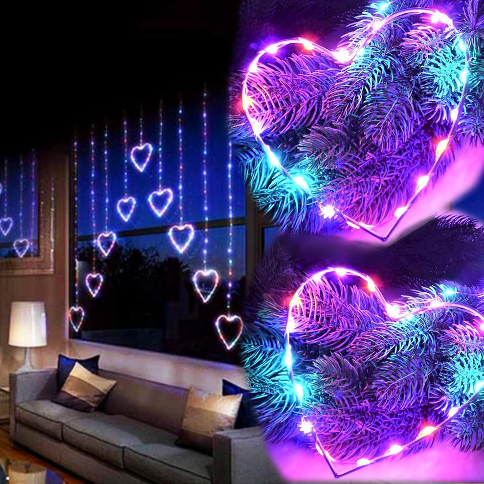 Rainbow LED Heart Curtain Lights Christmas Window Net Lights