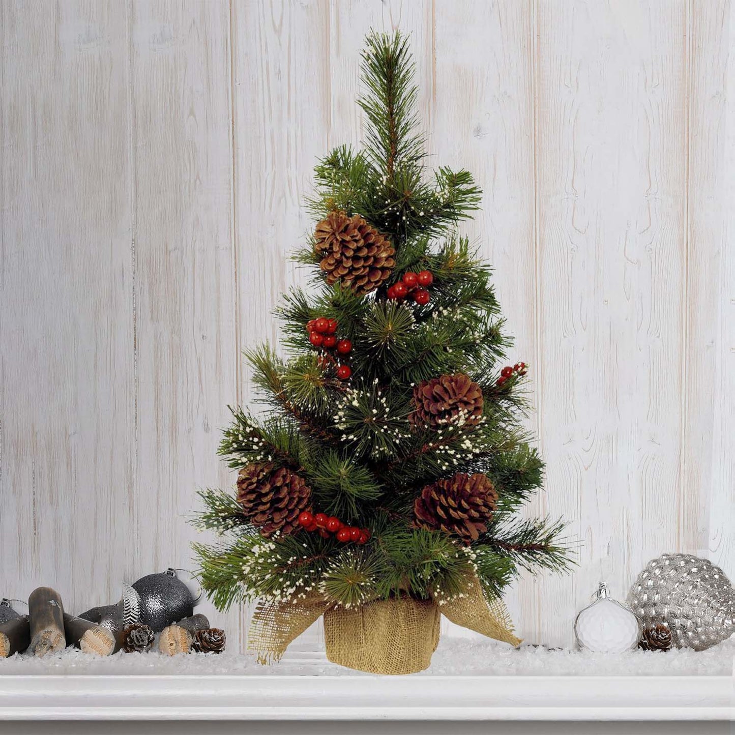 Small Pine Cone & Berries Christmas Tree with Hessian Base, Tabletop Artificial Pine Christmas Tree 45cm/1.5ft or 60cm/2ft