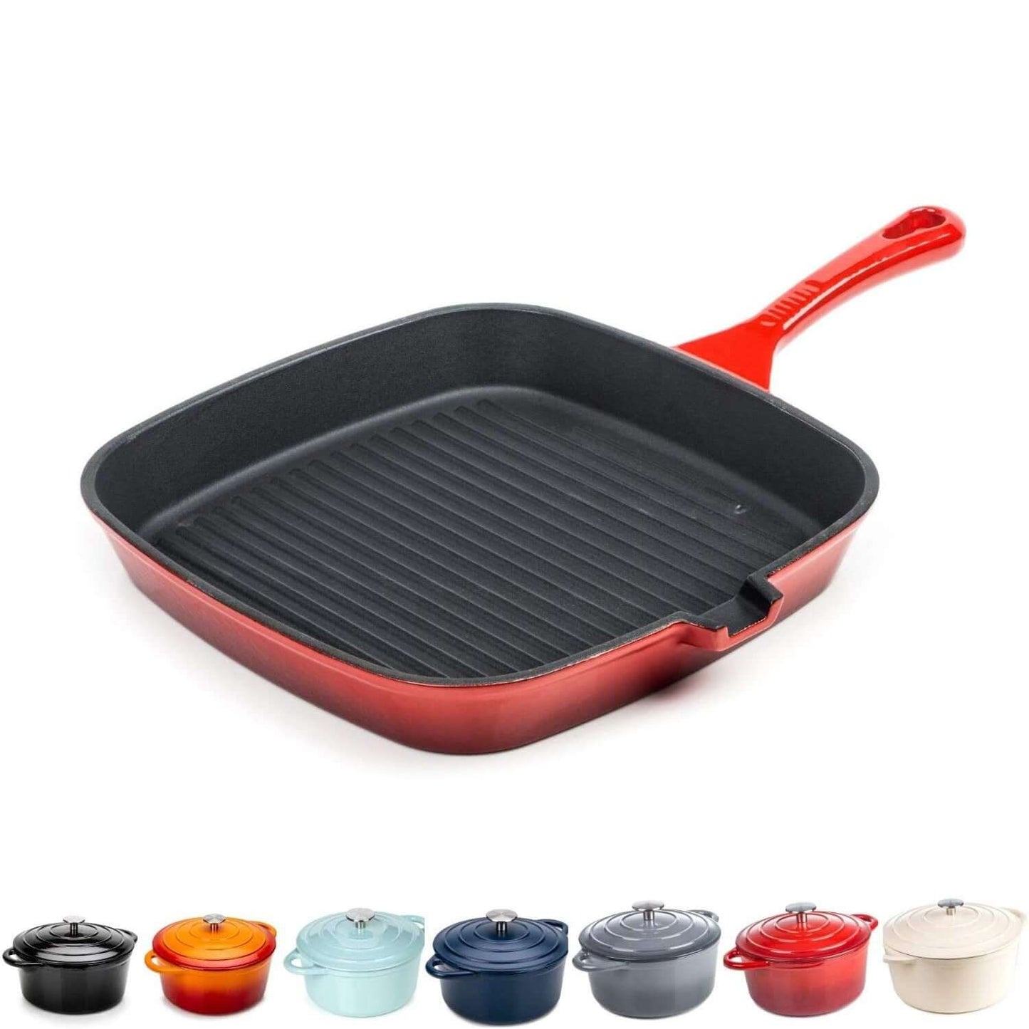 23.5cm Red Grill Griddle Pan Cast Iron Square Frying Pan Induction and Gas 10 Yr Guarantee