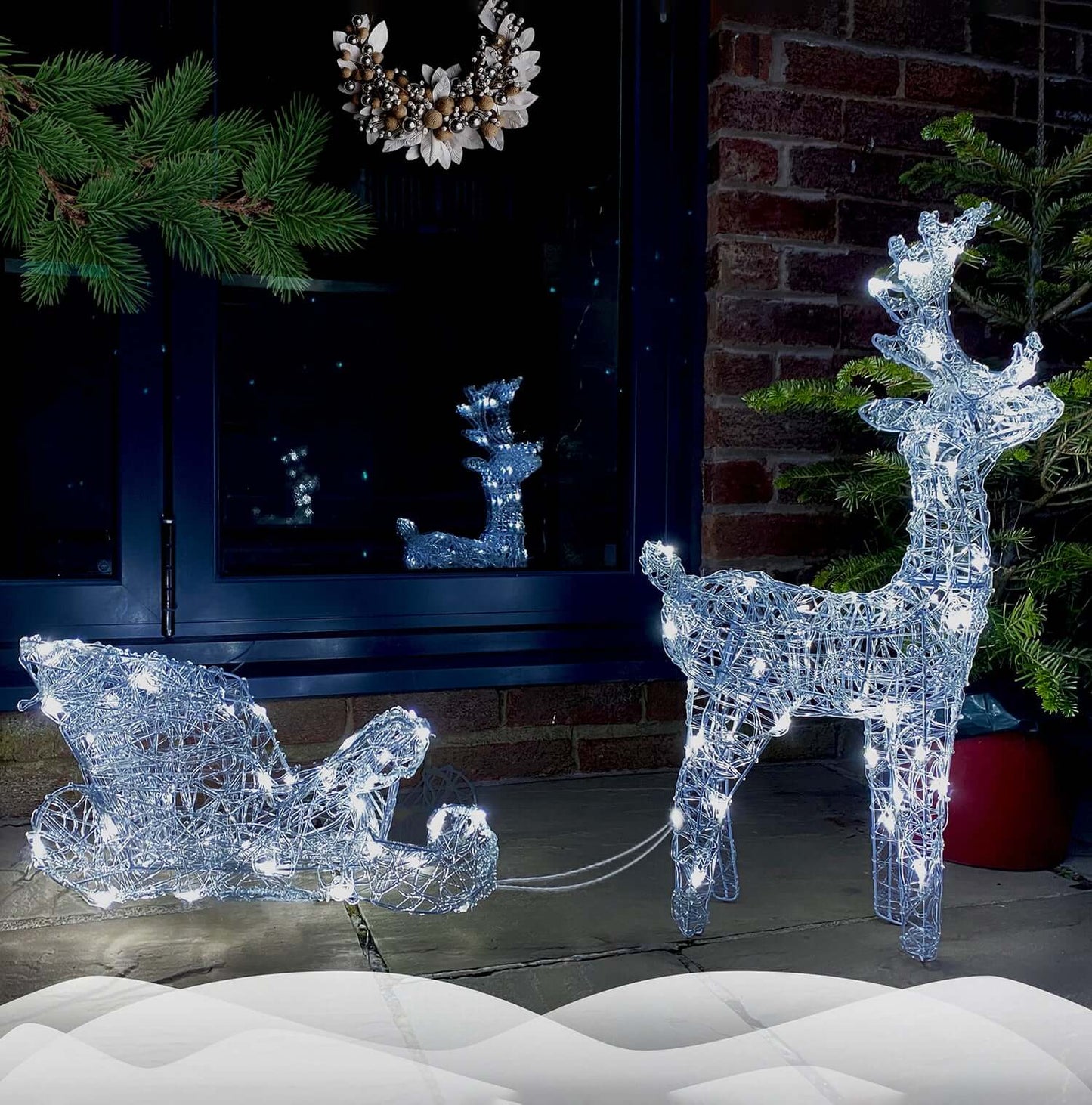 3D LED Pre-Lit Christmas Reindeer - 70cm with Sleigh or 90cm, 120cm in Warm or Cool White Lights