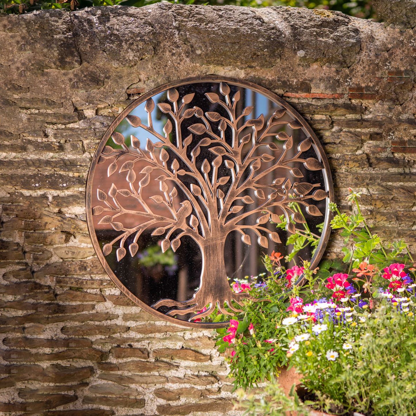 Tree of Life Outdoor Garden Wall Mirror Robin Birds a Great Memorial